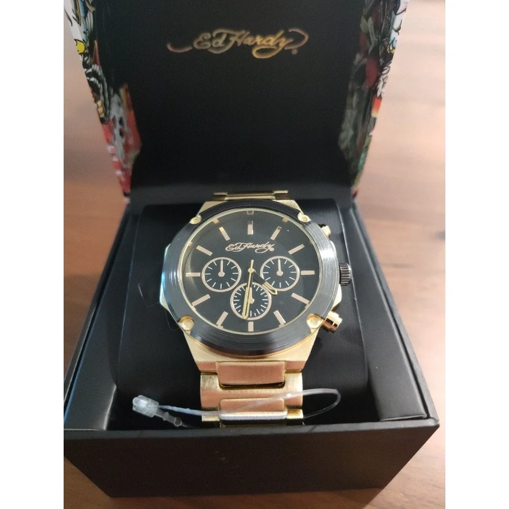 Ed Hardy Mens Gold Tone Chronograph Watch Black Dial Stainless Steel Bracelet